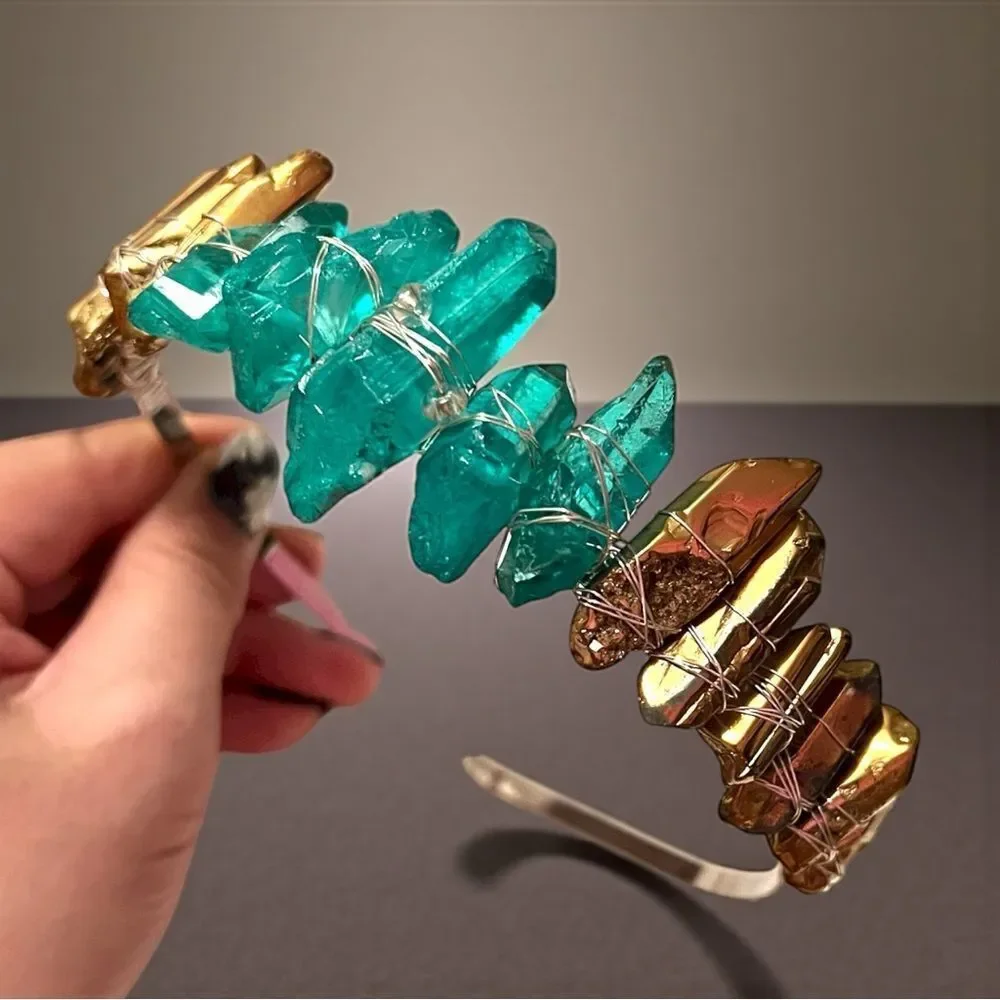 Handmade Genuine Gold and Teal Crystal Headband